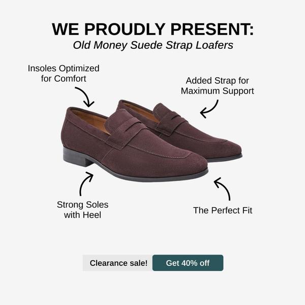 A clean, minimalist 1:1 square ad showcasing Suede Strap Loafers with annotated product features and a clear clearance call to action.