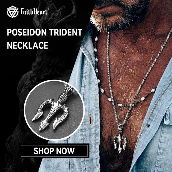 A close-up lifestyle shot of a man wearing a detailed trident necklace, complemented by an inset close-up of the product design.