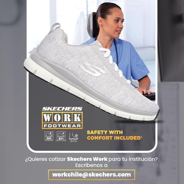 A 1:1 format advertisement showcasing a work shoe layered over a healthcare professional's workspace to emphasize workplace safety and comfort features.