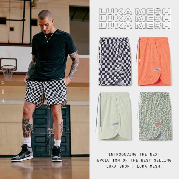 A split-screen ad creative displaying a model wearing a pair of mesh shorts on the left, with four product color variations showcased in a clean grid on the right.