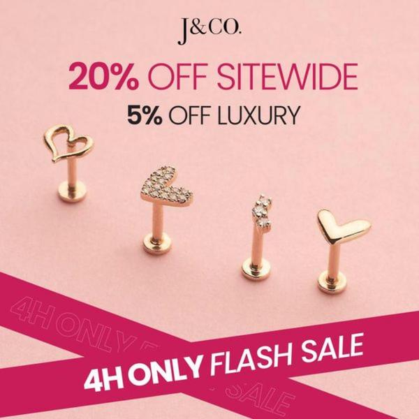 A clean, pink-toned product display showing four stud earrings with a bold text overlay highlighting a time-sensitive 4-hour flash sale discount.