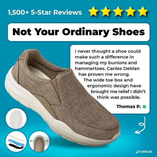 A square ad creative featuring a comfortable shoe with a customer testimonial, star rating, and detailed product call-outs.