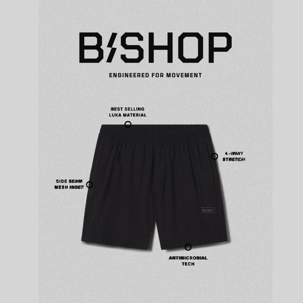 A clean, minimalist 1:1 product shot of athletic shorts using callouts to highlight material technology and performance features.
