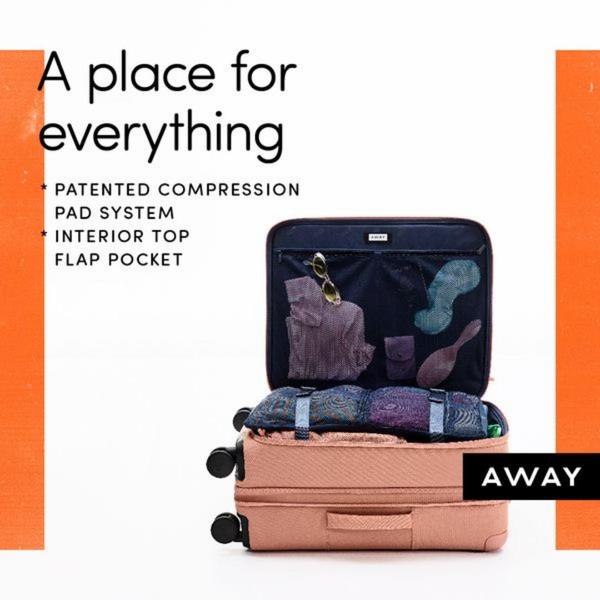 This creative displays an open suitcase packed with organized items, using clear bulleted copy to emphasize the benefit of internal organization systems.