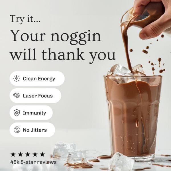A high-contrast, minimalist ad featuring a refreshing iced coffee pour with clear, benefit-driven text overlays and social proof.
