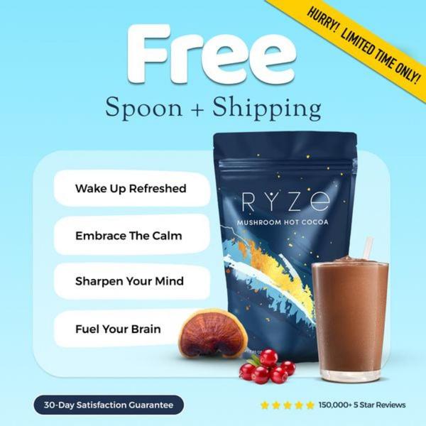 A square-format static ad highlighting a free spoon and shipping offer for mushroom hot cocoa, paired with a list of key benefits.