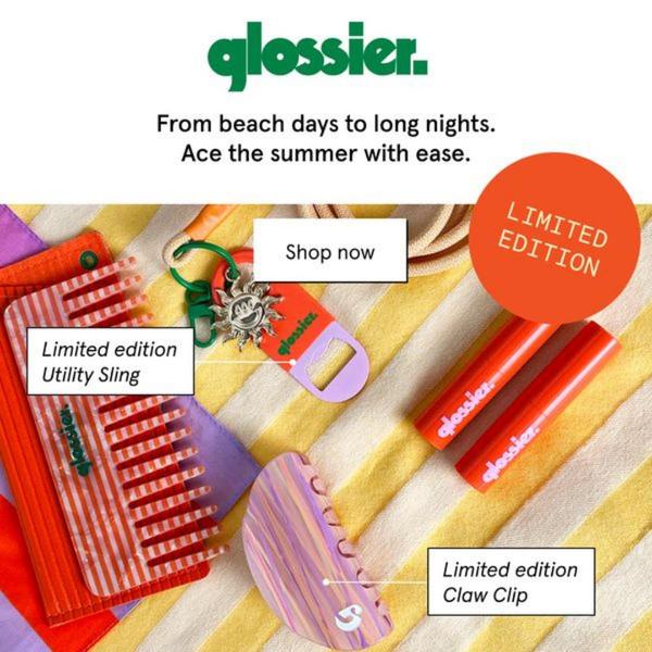 A top-down, brightly lit product flat lay featuring limited edition summer accessories and beauty items arranged on a striped background.