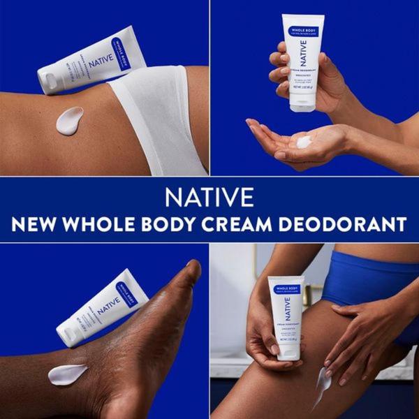 A four-panel grid creative displaying the product packaging and application on different parts of the body.