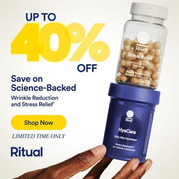 A clean, square-format ad creative showcasing two supplement bottles held in a hand, featuring a clear 40% off discount incentive.