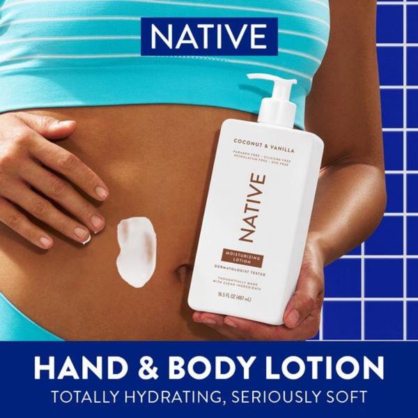 A close-up shot of a person applying lotion to their midsection, highlighting the product texture and brand packaging with a high-contrast tile background.