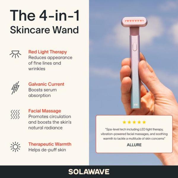 skincare wand, facial massage device, beauty device, led therapy wand, facial tool, skincare tool, massage wand, product launch, social proof, lifestyle, trustworthy, fresh, blue, neutral