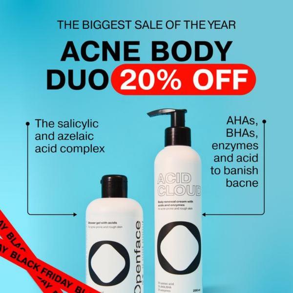 acne treatment, skincare duo, body wash, acne cleanser, skincare set, acne products, body care, sale promotion, minimalist, fresh, trustworthy, blue, black friday