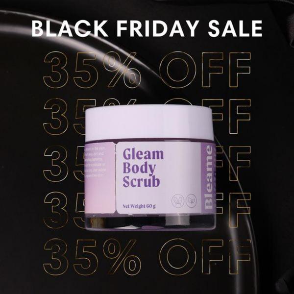 A high-contrast promotional graphic featuring a body scrub jar centered against a dark background with bold, repeating percentage-off text.