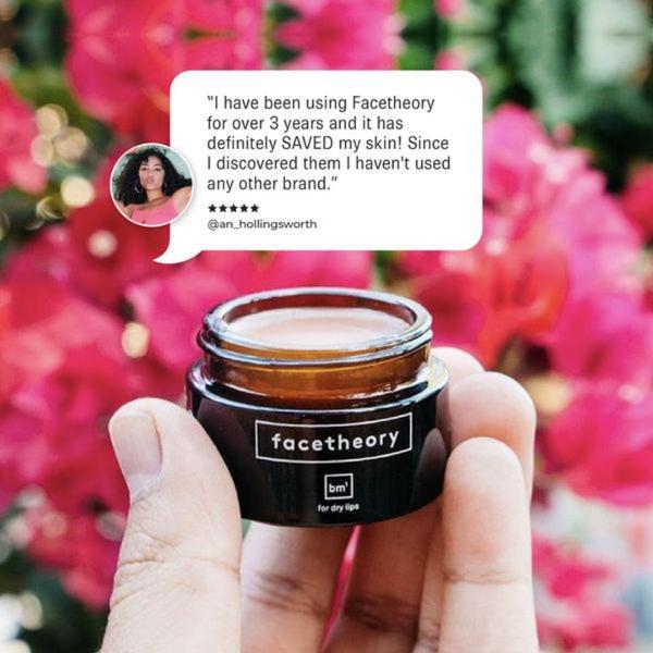 A close-up, hand-held shot of a lip balm jar featuring a high-trust social proof review in a speech bubble overlay.