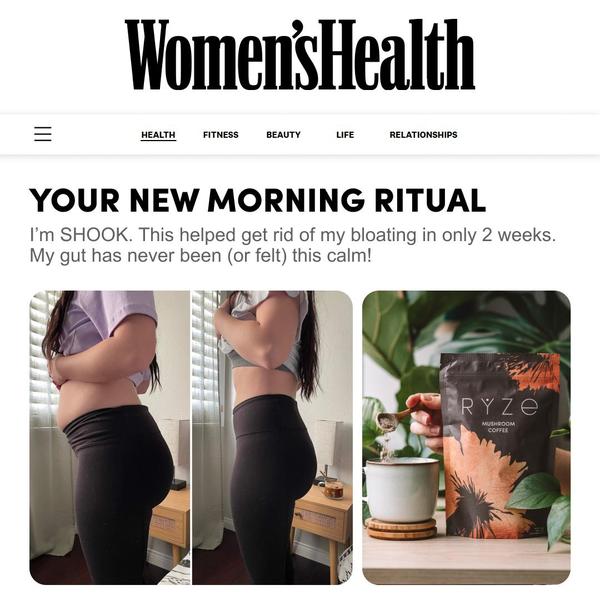A split-screen, before-and-after visual demonstrating the gut-calming benefits of mushroom coffee compared to traditional morning habits.
