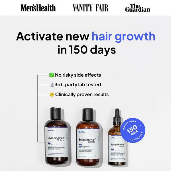 A clean, minimalist 1:1 square creative showcasing a three-step hair care system with social proof and clinical claims.