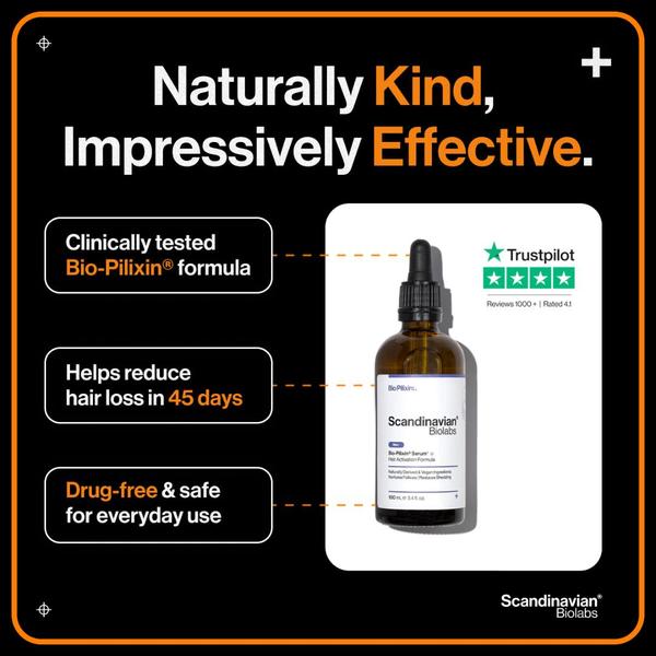 A clean, high-contrast product spotlight ad for hair serum that uses clear benefit-driven bullet points and Trustpilot social proof to build credibility.