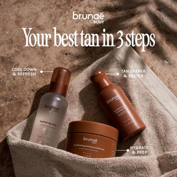 A flat-lay product photography ad featuring a three-step tanning skincare routine on a textured towel background.