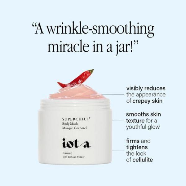 body mask, firming cream, anti-aging cream, cellulite cream, body treatment, skincare mask, firming mask, product launch, minimalist, fresh, luxurious, neutral, red