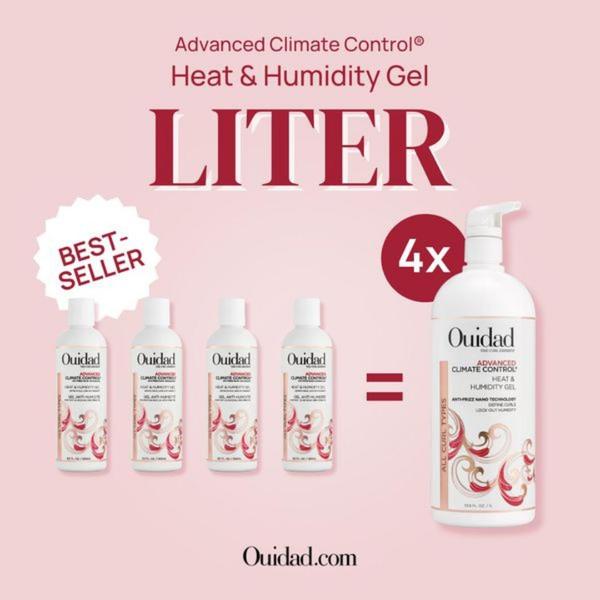A square-format static ad showing a simple visual math equation: four small hair gel bottles equaling one liter-sized bottle.