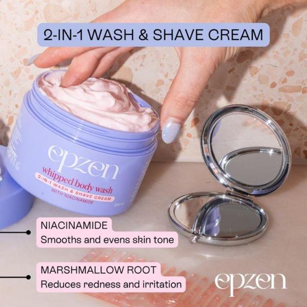A close-up product shot featuring the whipped body wash texture, highlighting key ingredients like Niacinamide and Marshmallow Root through annotated callouts.