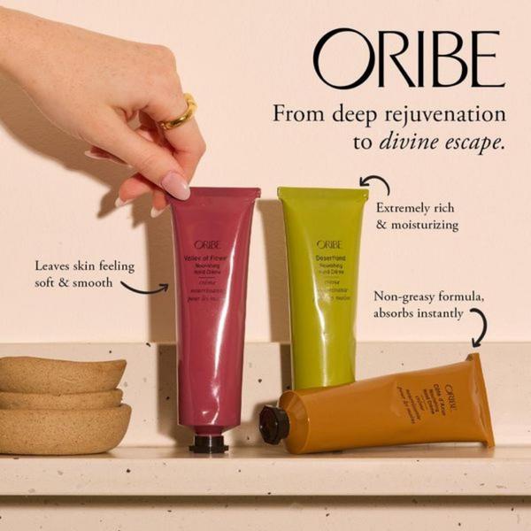 A high-end product photography shot featuring three distinct hand cream tubes with clear, annotated benefit callouts in a clean studio setting.