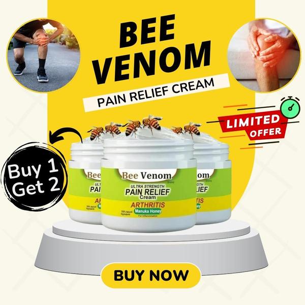 A high-contrast 1:1 square creative featuring a Buy 1 Get 2 offer for pain relief cream, designed to capture immediate attention.