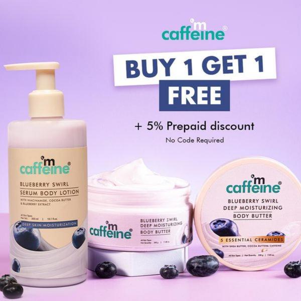 A high-contrast promotional graphic featuring body care products with a clear Buy 1 Get 1 Free offer.