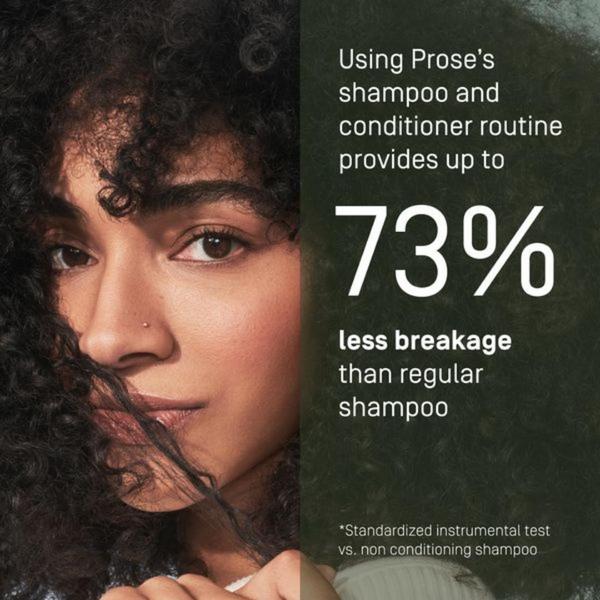 A square ad creative featuring a close-up portrait of a woman paired with a bold, high-contrast statistic about hair breakage reduction.