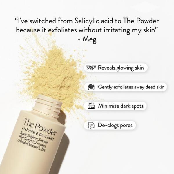 exfoliating powder, enzyme exfoliant, face exfoliator, skincare powder, exfoliating treatment, facial powder, skin exfoliant, social proof, product launch, minimalist, trustworthy, fresh, neutral, yellow