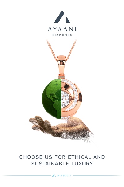A high-contrast visual composition featuring a diamond pendant shaped like the Earth held by a hand, emphasizing sustainability and ethical manufacturing.