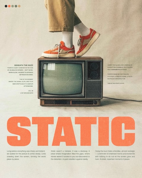 A creative featuring a pair of running shoes resting on a vintage television, blending analog nostalgia with modern product positioning.