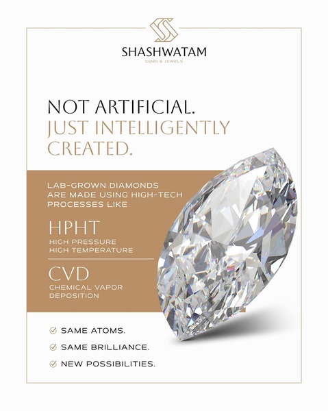 A high-contrast educational ad explaining the HPHT and CVD creation processes for lab-grown diamonds, emphasizing their chemical identicality to mined stones.