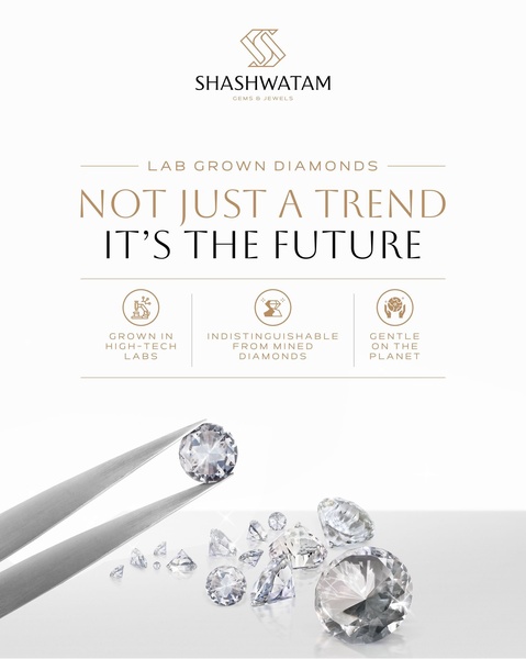 A high-end product display for lab grown diamonds featuring a clean studio background, professional lighting, and benefit-driven icon callouts.