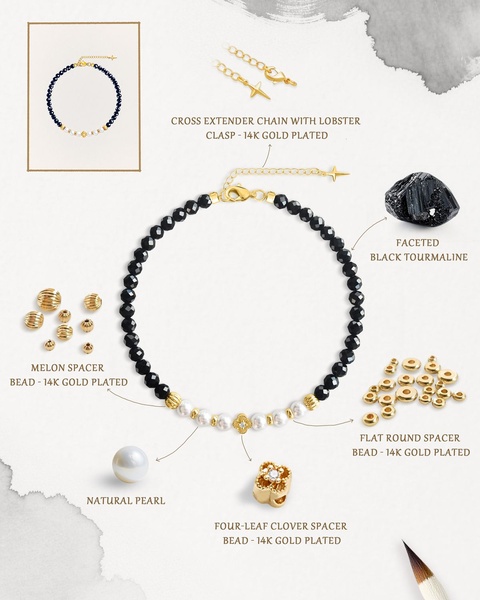 An exploded view infographic showing the individual components of a beaded bracelet including faceted black tourmaline, natural pearl, and 14K gold plated hardware.