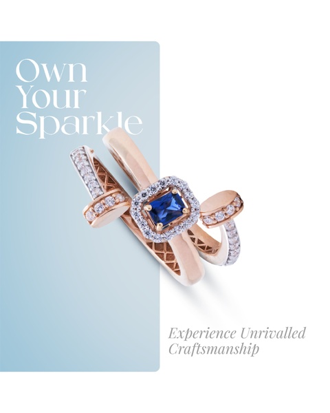 A minimalist, split-tone jewelry ad featuring a sapphire and diamond ring with elegant typography.