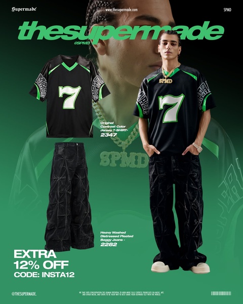 A high-impact editorial creative showcasing a jersey t-shirt and distressed baggy jeans, utilizing a vertical 4:5 layout to highlight product styling.