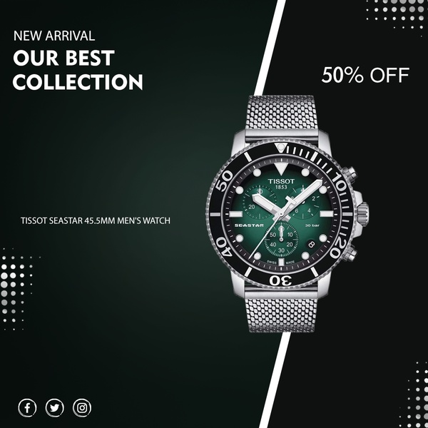 analog watch, stainless steel watch, chronograph watch, mens wrist watch, diver watch, discount offer, new arrival, minimalist, modern typography, bold, luxurious, green, black, neutral