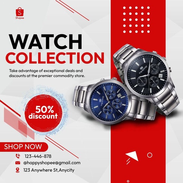 wrist watch, analog watch, mens watch, steel watch, chronograph watch, discount offer, bestseller push, modern typography, bold, energetic, red, neutral