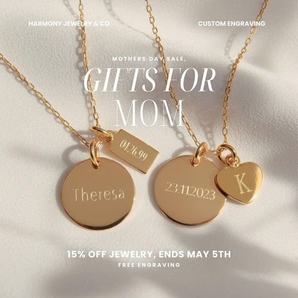 A clean, high-end 1:1 image featuring gold necklaces with custom name and date engravings, showcasing a Mother's Day discount.