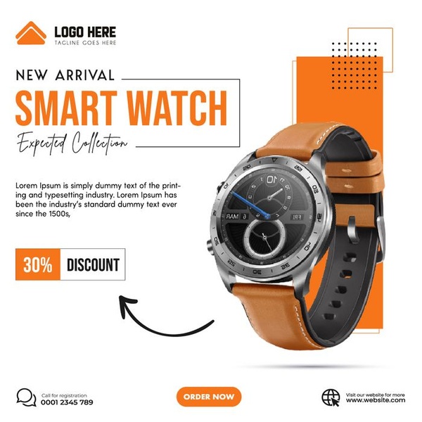 smart watch, wrist watch, leather strap watch, digital watch, wearable technology, discount offer, new arrival, minimalist, modern typography, energetic, bold, orange, neutral