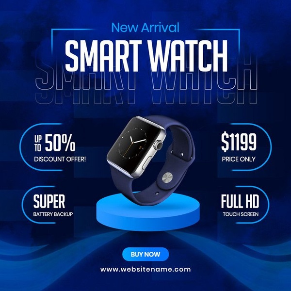 smart watch, digital watch, wrist watch, touch screen watch, smartwatch, discount offer, new arrival, minimalist, modern typography, energetic, bold, blue
