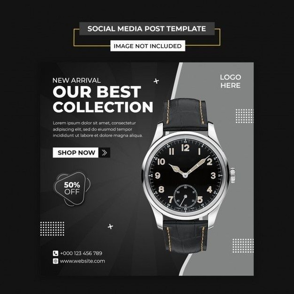 wrist watch, analog watch, leather strap watch, men's watch, luxury watch, discount offer, new arrival, modern typography, bold, energetic, black, neutral