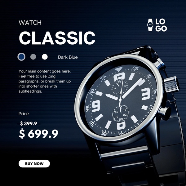 analog watch, stainless steel watch, wrist watch, chronograph watch, mens watch, discount offer, minimalist, modern typography, bold, luxurious, blue, neutral