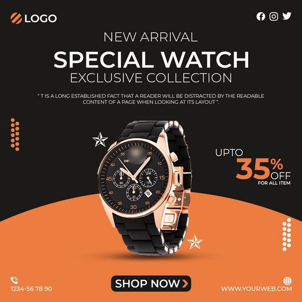 wrist watch, analog watch, chronograph watch, mens watch, luxury watch, bracelet watch, discount offer, new arrival, modern typography, energetic, bold, black, orange
