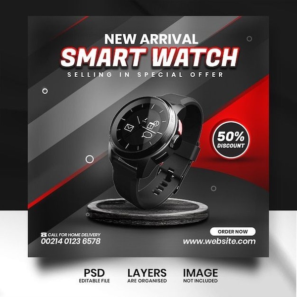 smart watch, digital watch, wrist watch, wearable device, touchscreen watch, discount offer, new arrival, minimalist, modern typography, bold, energetic, black, red, neutral