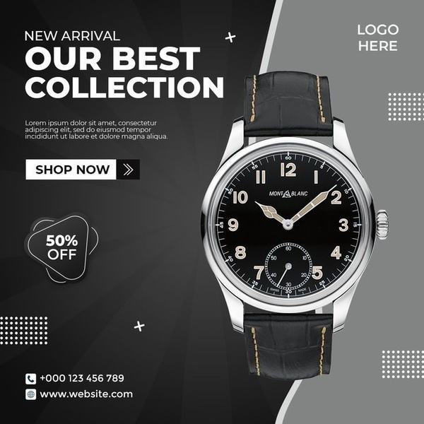 wrist watch, leather strap watch, analog watch, luxury watch, mens watch, discount offer, new arrival, bestseller push, minimalist, modern typography, bold, luxurious, black, neutral