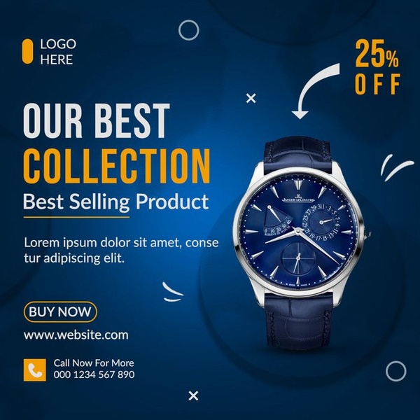 leather strap watch, analog watch, luxury wristwatch, dress watch, men watch, discount offer, bestseller push, minimalist, modern typography, bold, luxurious, blue, yellow
