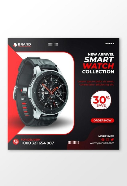 smart watch, digital watch, wrist watch, fitness watch, wearable tech, discount offer, new arrival, minimalist, modern typography, bold, energetic, black, red, neutral
