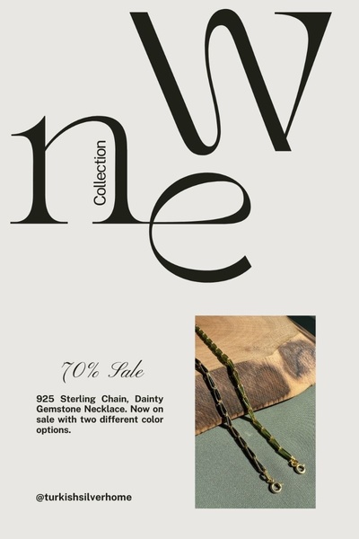A high-contrast, minimalist promotional graphic showcasing two versions of a dainty gemstone necklace with a 70% off sale offer.